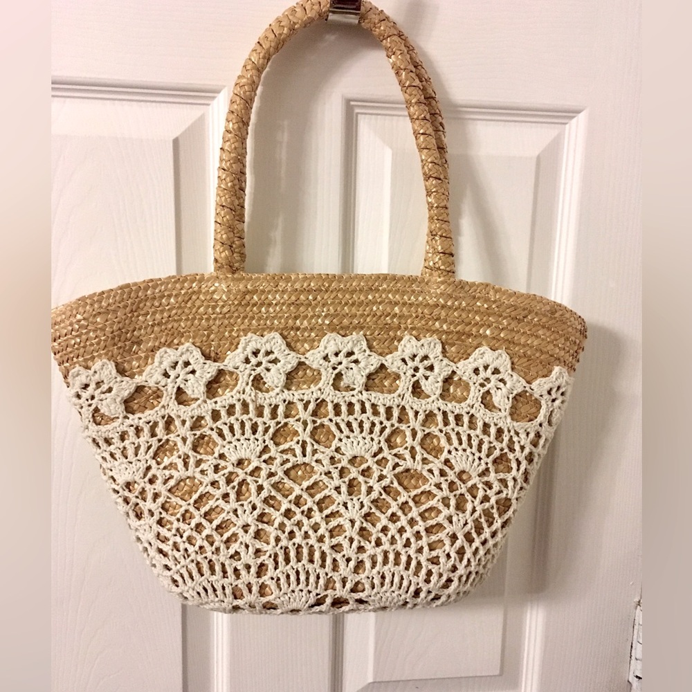 ALDO Tan and Cream Crochet Trim Tote Bag